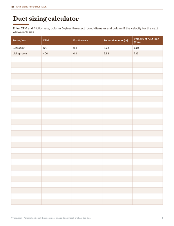 Preview of Printable CFM Duct Sizing Calculator